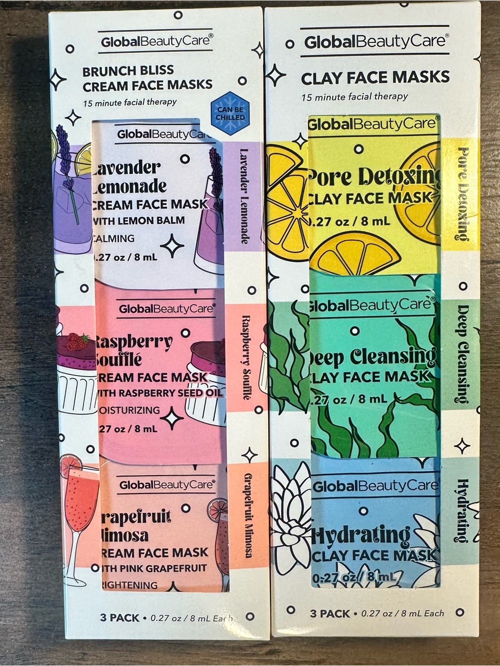 Global Beauty Care 3 Pack Clay Face Masks(3) + 3 Pack Cream Face Mask(3)=6 total